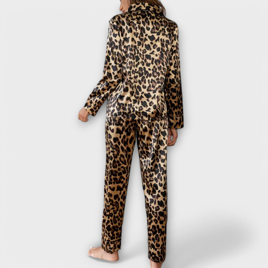 Conjunto de Pijama de Satén con Estampado de Leopardo