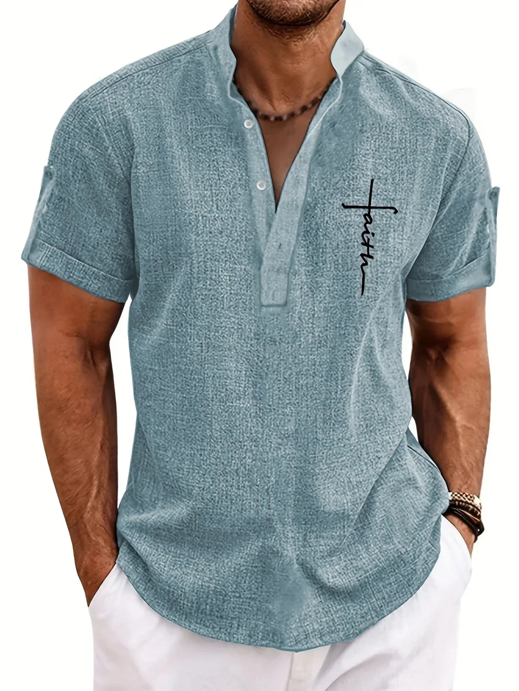 Camisa elegante de manga corta con cuello alto