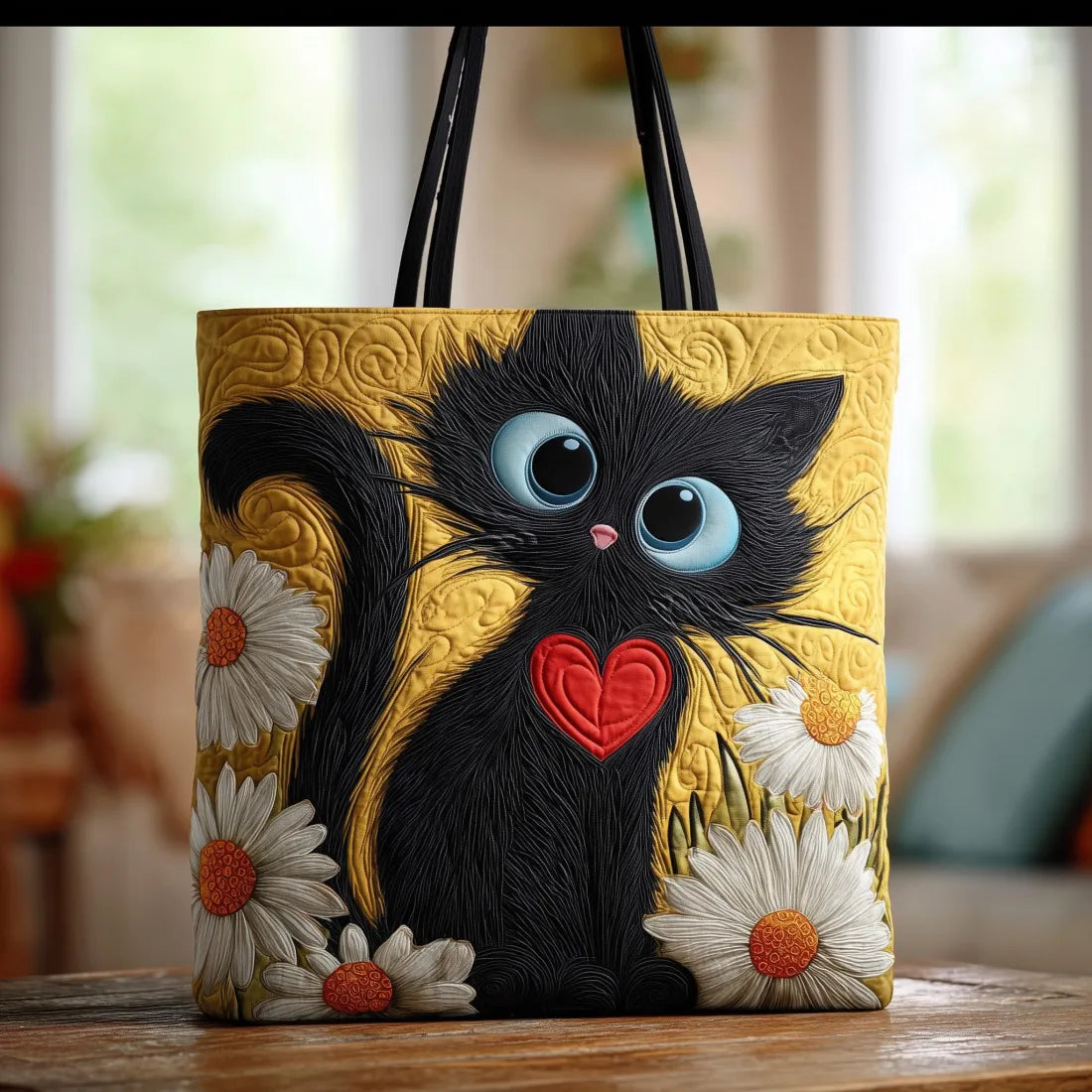 Bolsa Artesanal Gato Negro con Corazón y Margaritas