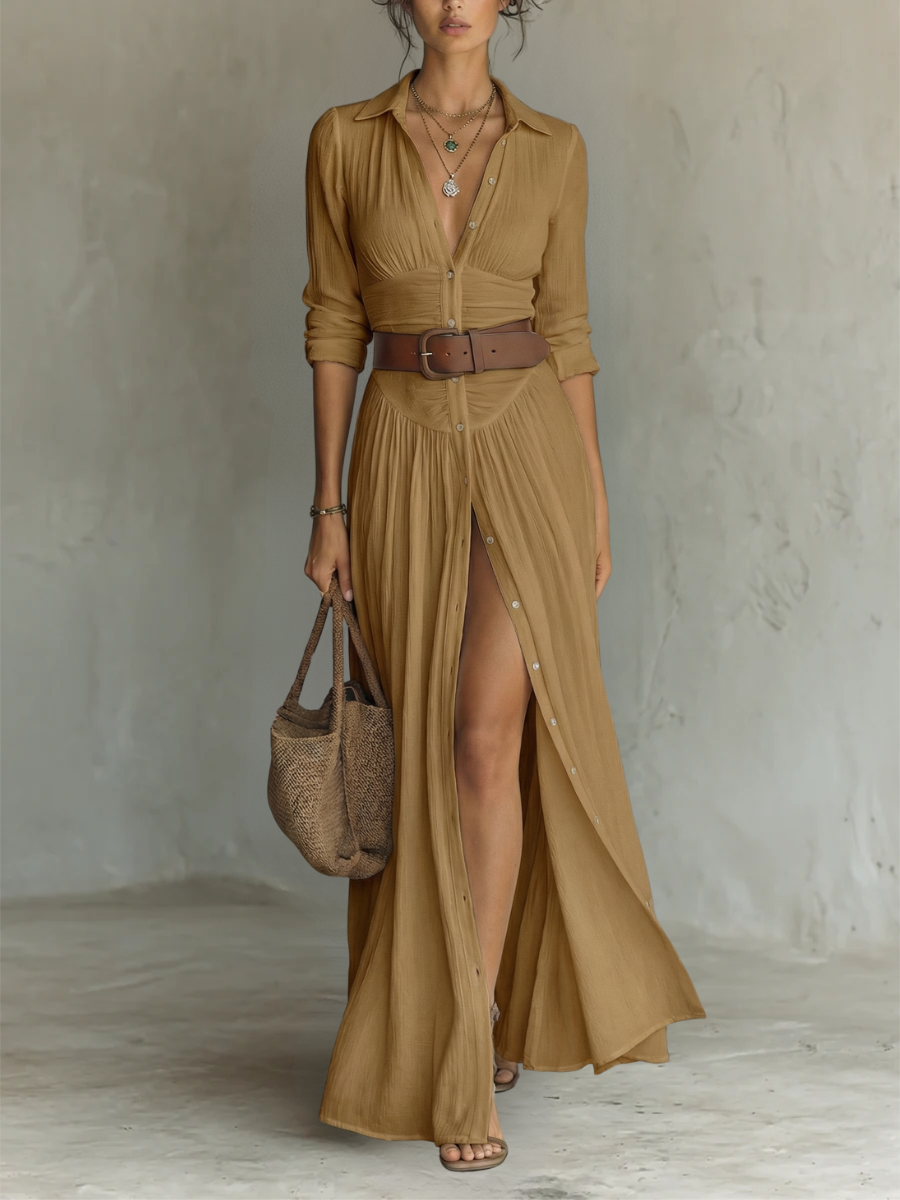 Aurelia™ | Vestido maxi de lino largo con cuello de solapa y mangas largas