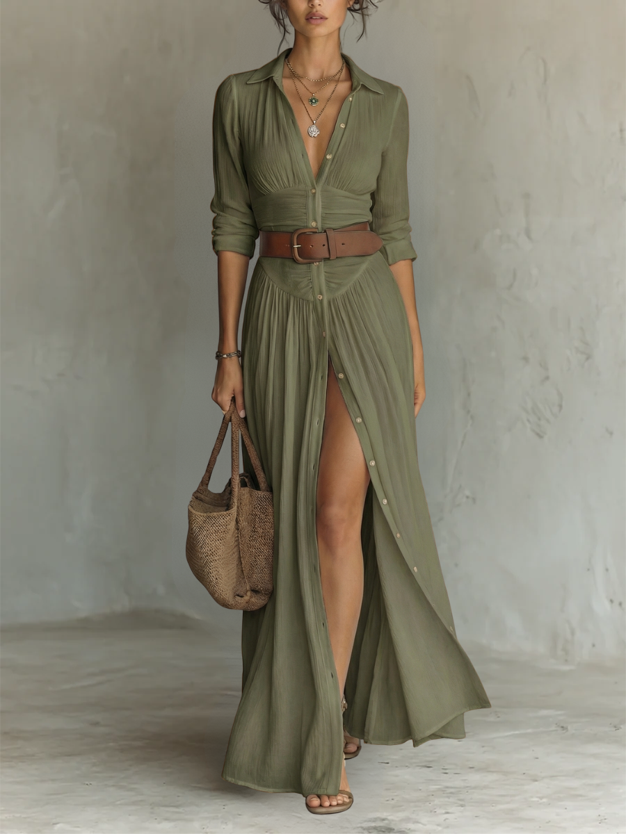 Aurelia™ | Vestido maxi de lino largo con cuello de solapa y mangas largas