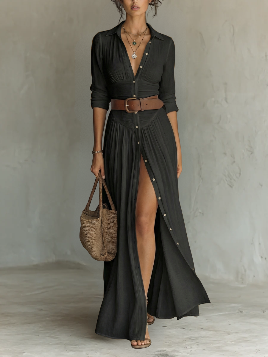 Aurelia™ | Vestido maxi de lino largo con cuello de solapa y mangas largas