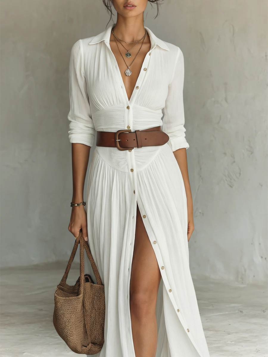 Aurelia™ | Vestido maxi de lino largo con cuello de solapa y mangas largas