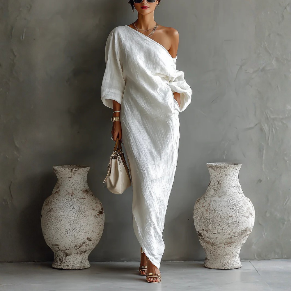 Elise™ | Elegante maxi vestido de un hombro – blanco