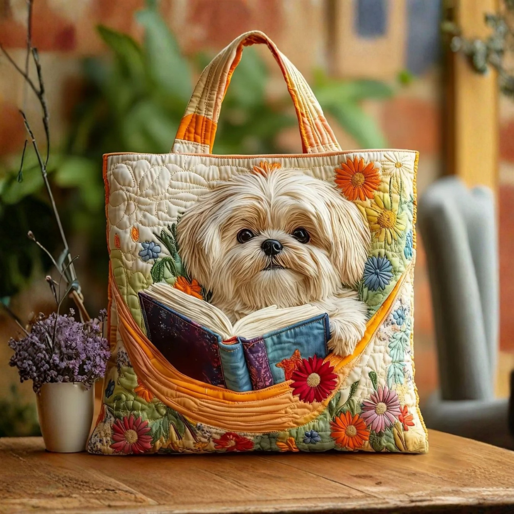 Bolso Artesanal Shih Tzu con Libros y Flores