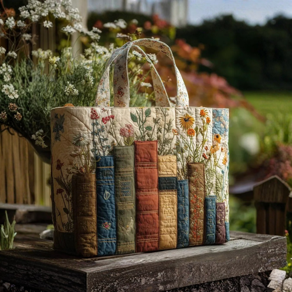 Bolsa Matelassé Artesanal: Libros y Flores