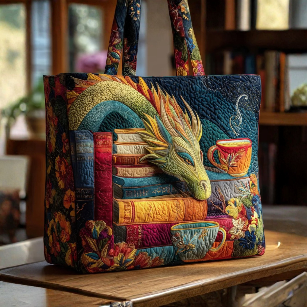 Bolsa de Hombro Artesanal Dragón con Libros y Tazas