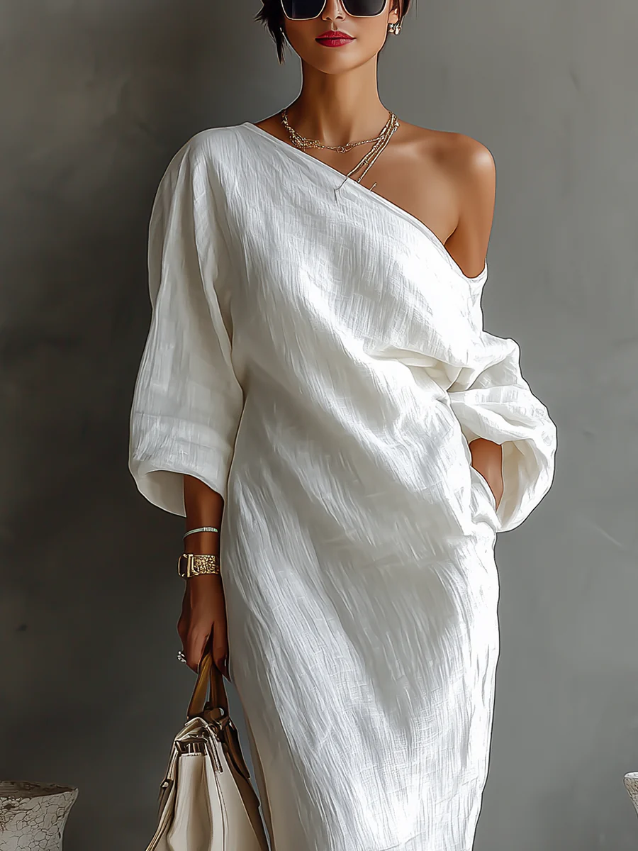Elise™ | Elegante maxi vestido de un hombro – blanco