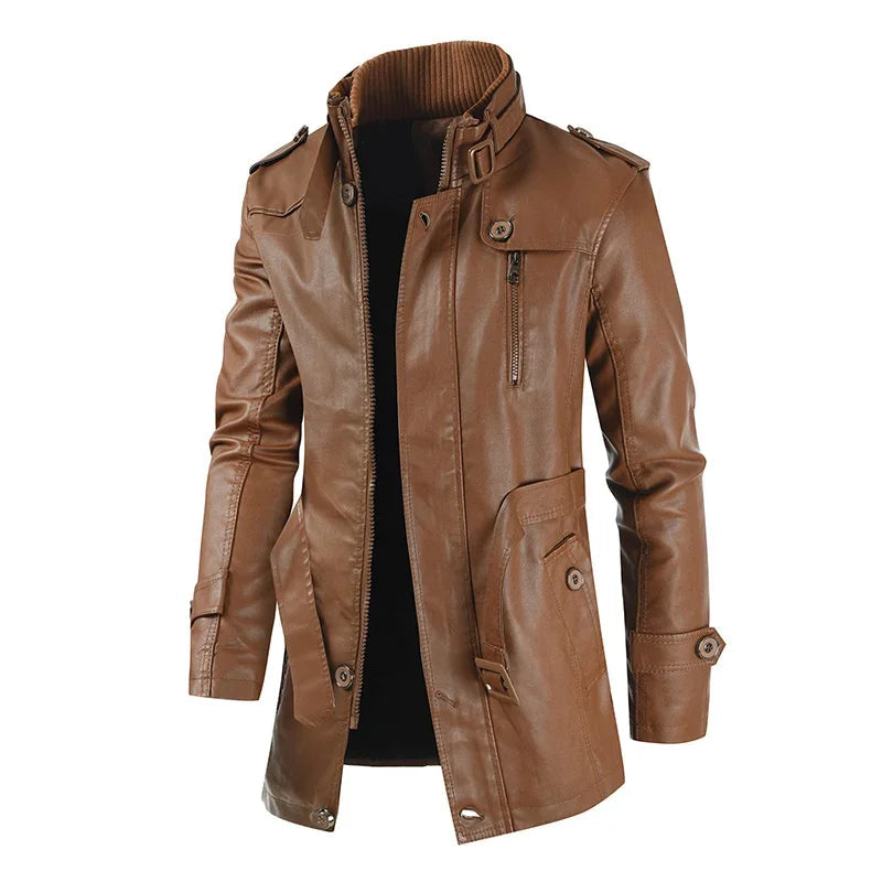Elegante Chaqueta de Cuero Biker Larga