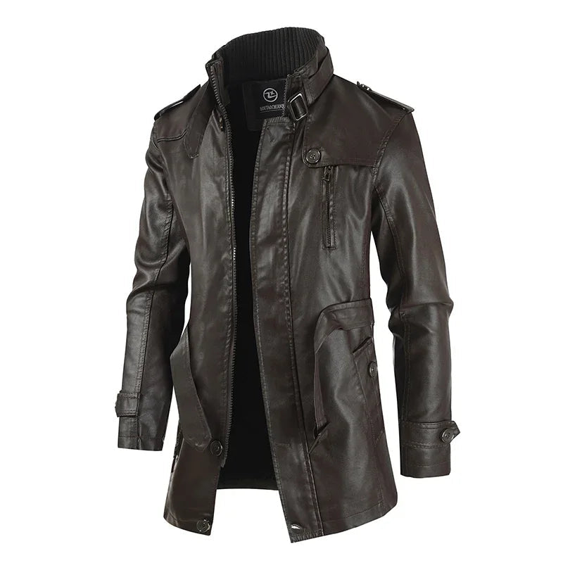 Elegante Chaqueta de Cuero Biker Larga