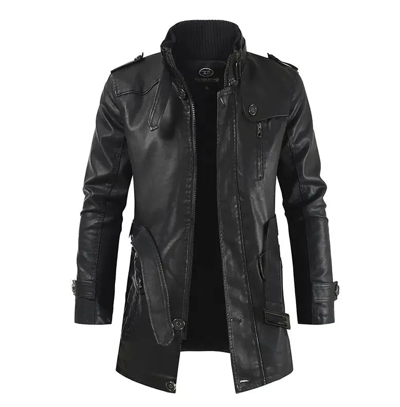 Elegante Chaqueta de Cuero Biker Larga