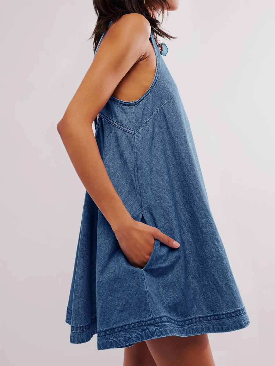 Nancy | Vestido Mini de Jeans Sin Mangas y Espalda Descubierta